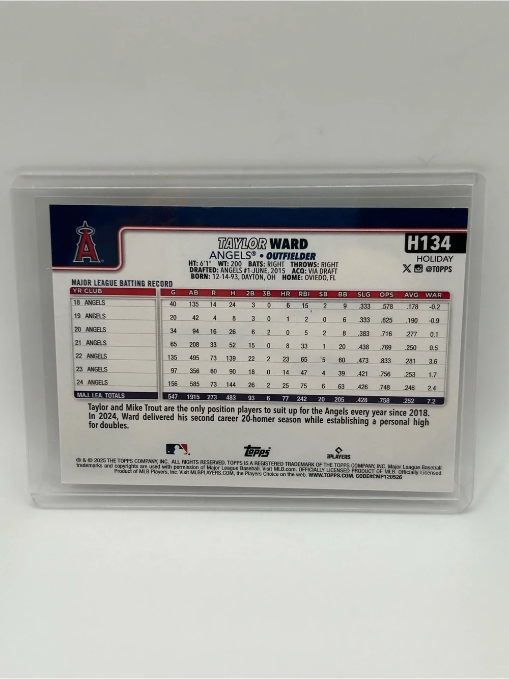 Taylor Ward Los Angeles Angels Holiday Topps Baseball Card - H134 ⚾️